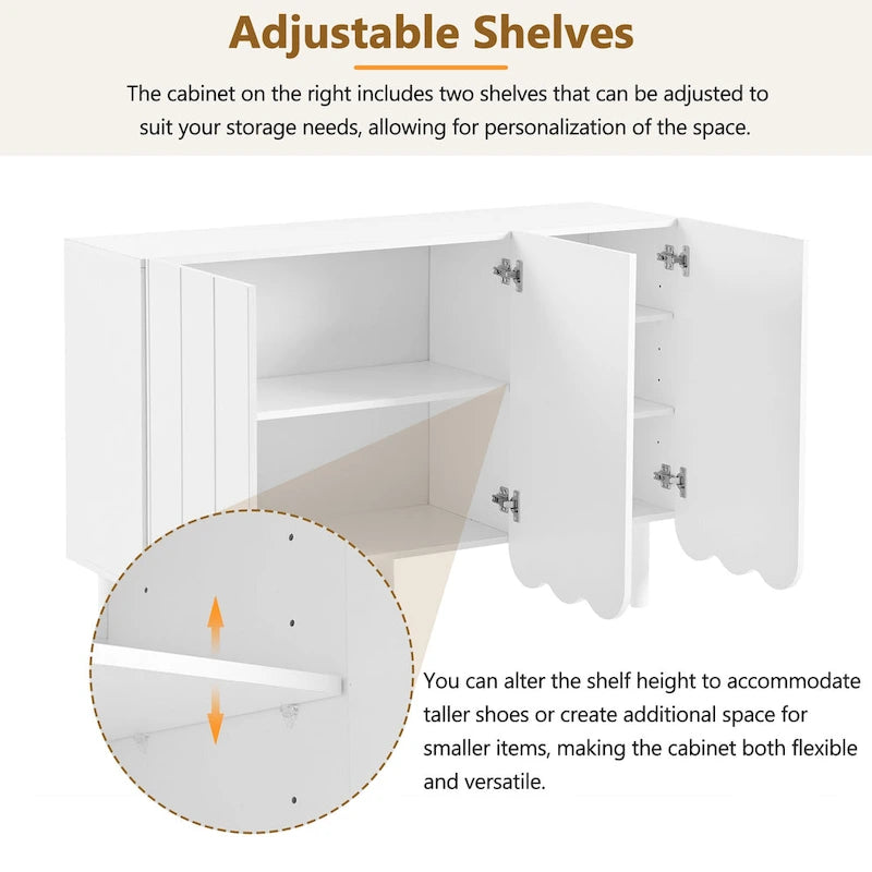 Cream Style Minimalist Shoe Cabinet with 5 Solid Wood Legs, Sideboard Buffet Cabinet with Adjustable Shelves