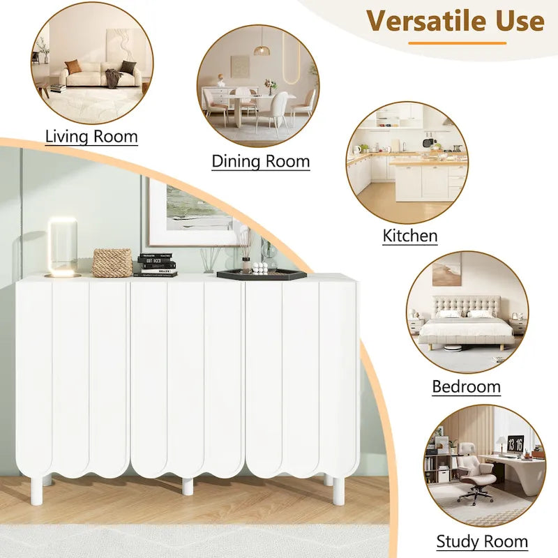 Cream Style Minimalist Shoe Cabinet with 5 Solid Wood Legs, Sideboard Buffet Cabinet with Adjustable Shelves