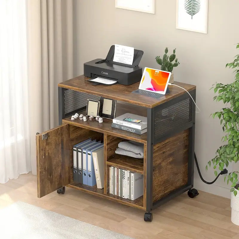 Rolling File Cabinet Lateral Office Filing Cabinets with Charging Station