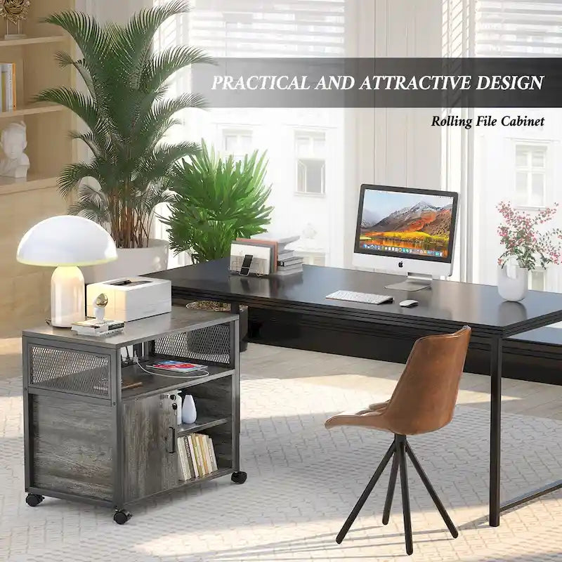 Rolling File Cabinet Lateral Office Filing Cabinets with Charging Station