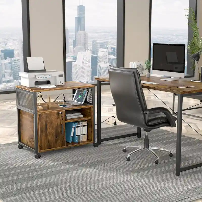 Rolling File Cabinet Lateral Office Filing Cabinets with Charging Station