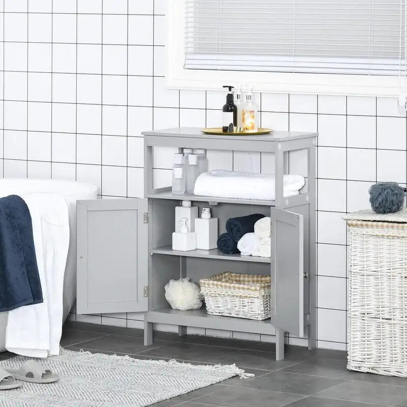 Freestanding Modern Bathroom Storage Cabinet, with Doors and Open Shelf