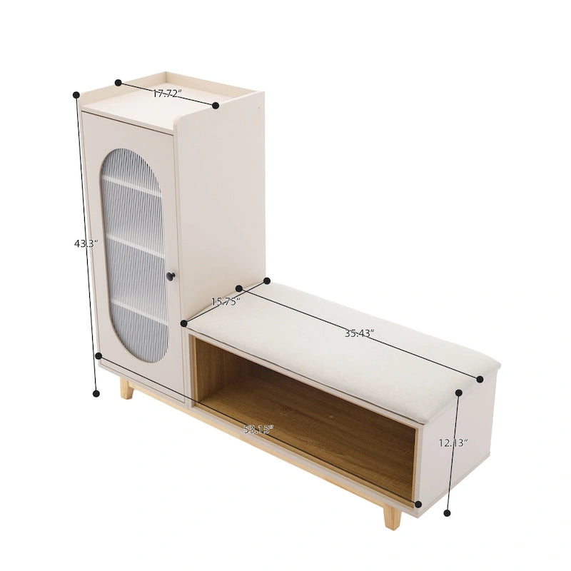 Cream White Shoe Bench with Storage Cabinet and Solid Wood Legs for Organized Entryways