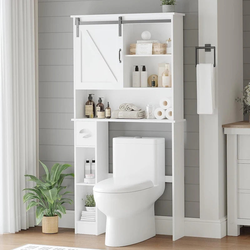 Over The Toilet Storage Cabinet Double Door Bathroom Organizer with Adjustable Shelves, Toilet Paper Holder