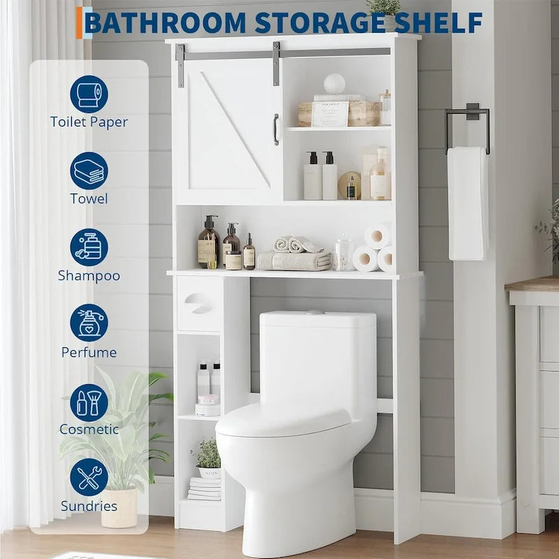 Over The Toilet Storage Cabinet Double Door Bathroom Organizer with Adjustable Shelves, Toilet Paper Holder