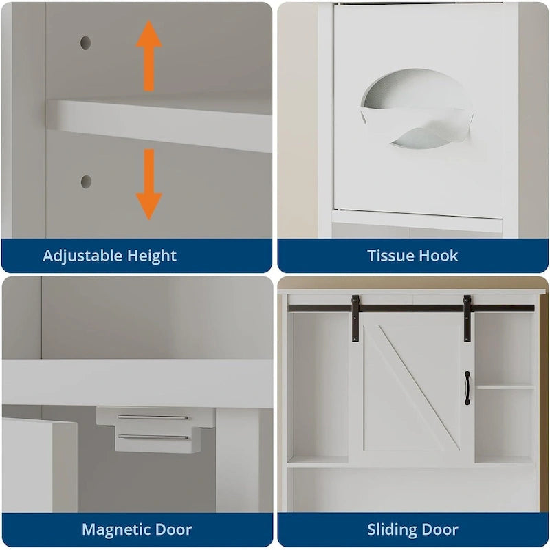 Over The Toilet Storage Cabinet Double Door Bathroom Organizer with Adjustable Shelves, Toilet Paper Holder