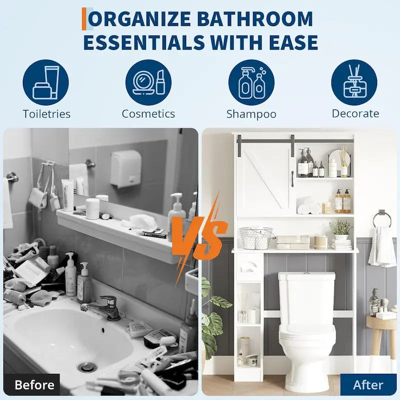 Over The Toilet Storage Cabinet Double Door Bathroom Organizer with Adjustable Shelves, Toilet Paper Holder