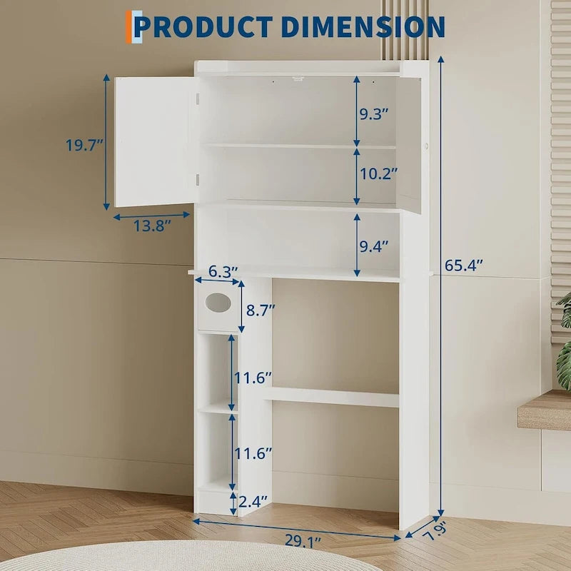 Over The Toilet Storage Cabinet Double Door Bathroom Organizer with Adjustable Shelves, Toilet Paper Holder