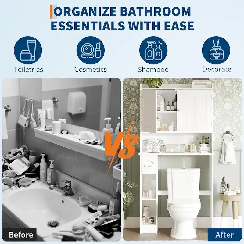 Over The Toilet Storage Cabinet Double Door Bathroom Organizer with Adjustable Shelves, Toilet Paper Holder