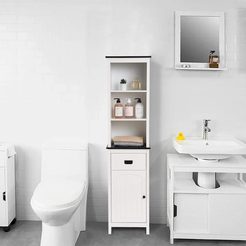 White and Black Wood Bathroom Tower Storage Linen Cabinet - 63 H x 15.75 W x 11.81 D