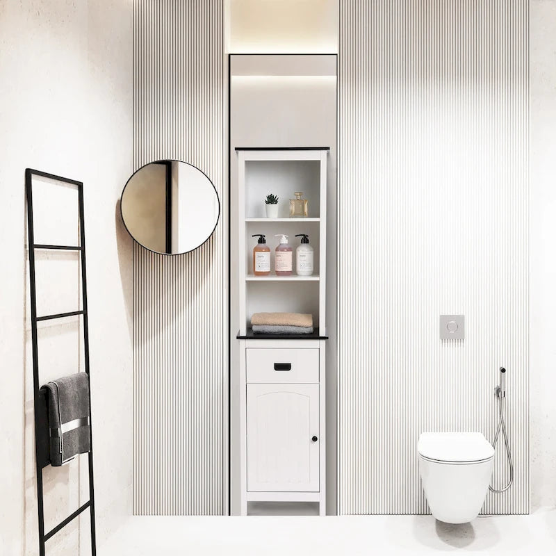 White and Black Wood Bathroom Tower Storage Linen Cabinet - 63 H x 15.75 W x 11.81 D