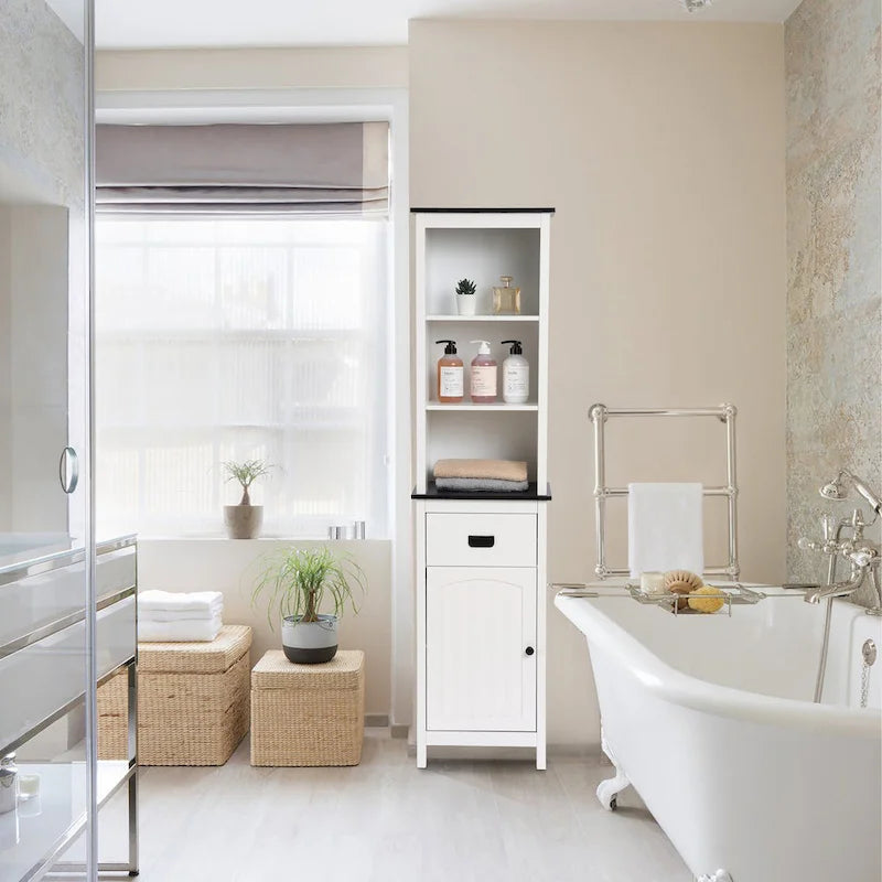 White and Black Wood Bathroom Tower Storage Linen Cabinet - 63 H x 15.75 W x 11.81 D