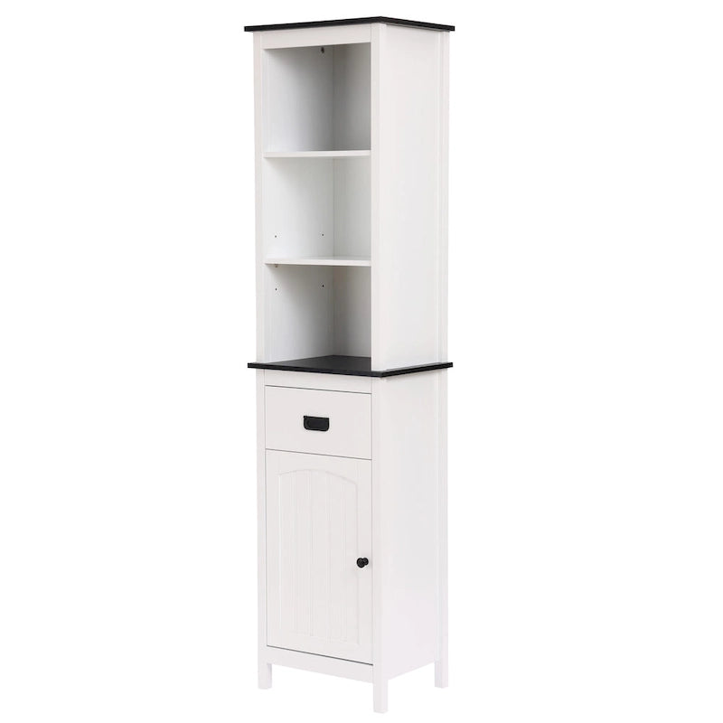 White and Black Wood Bathroom Tower Storage Linen Cabinet - 63 H x 15.75 W x 11.81 D