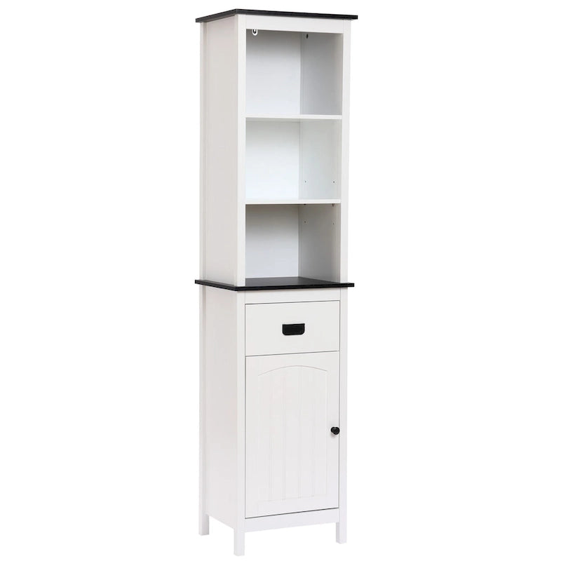 White and Black Wood Bathroom Tower Storage Linen Cabinet - 63 H x 15.75 W x 11.81 D