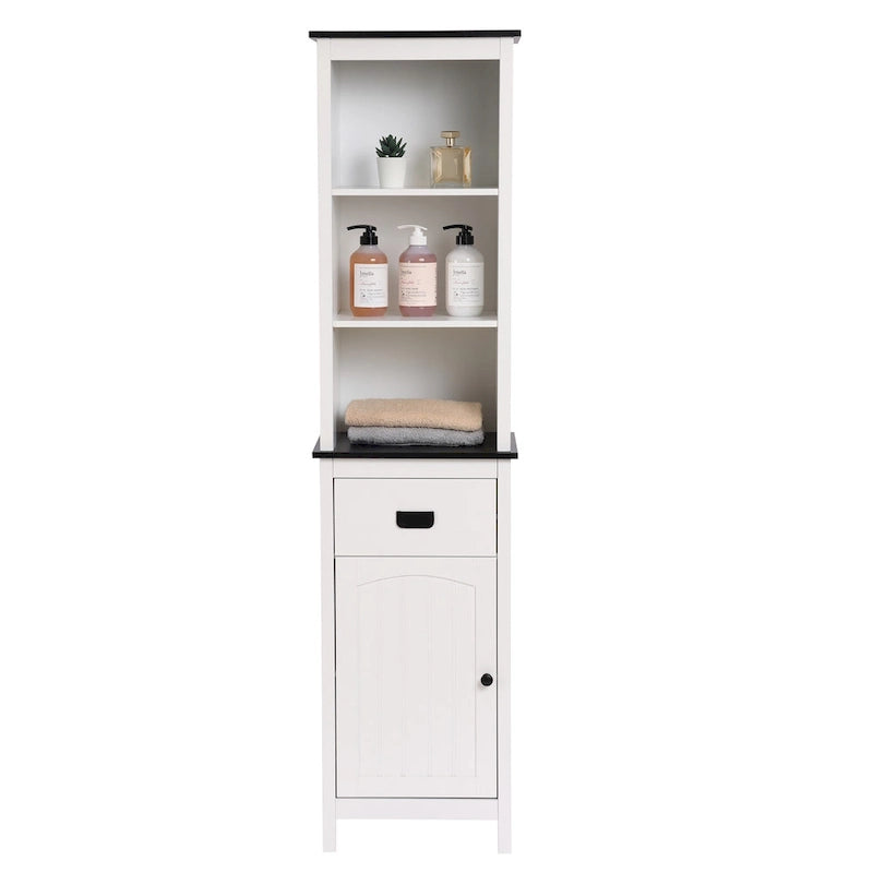 White and Black Wood Bathroom Tower Storage Linen Cabinet - 63 H x 15.75 W x 11.81 D