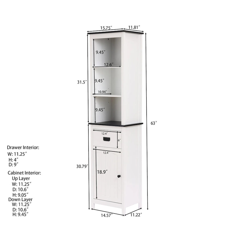 White and Black Wood Bathroom Tower Storage Linen Cabinet - 63 H x 15.75 W x 11.81 D
