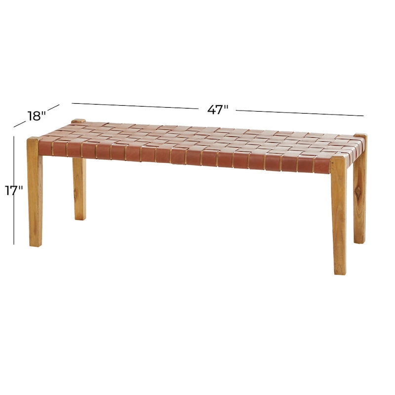 Black or Brown Leather Handmade Woven Seat Bench - 47 x 18 x 17