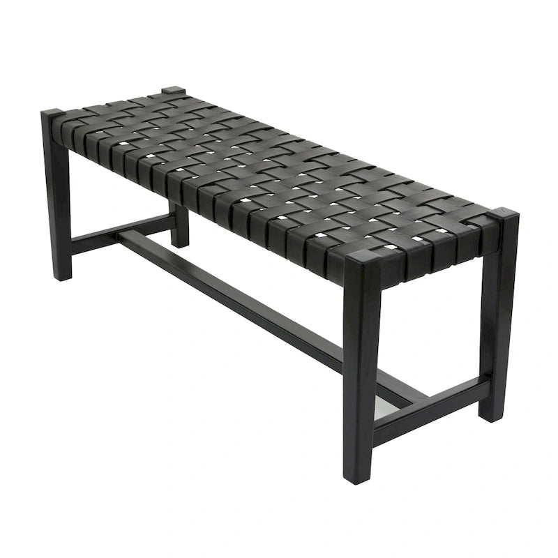 Black or Brown Leather Handmade Woven Seat Bench - 47 x 18 x 17
