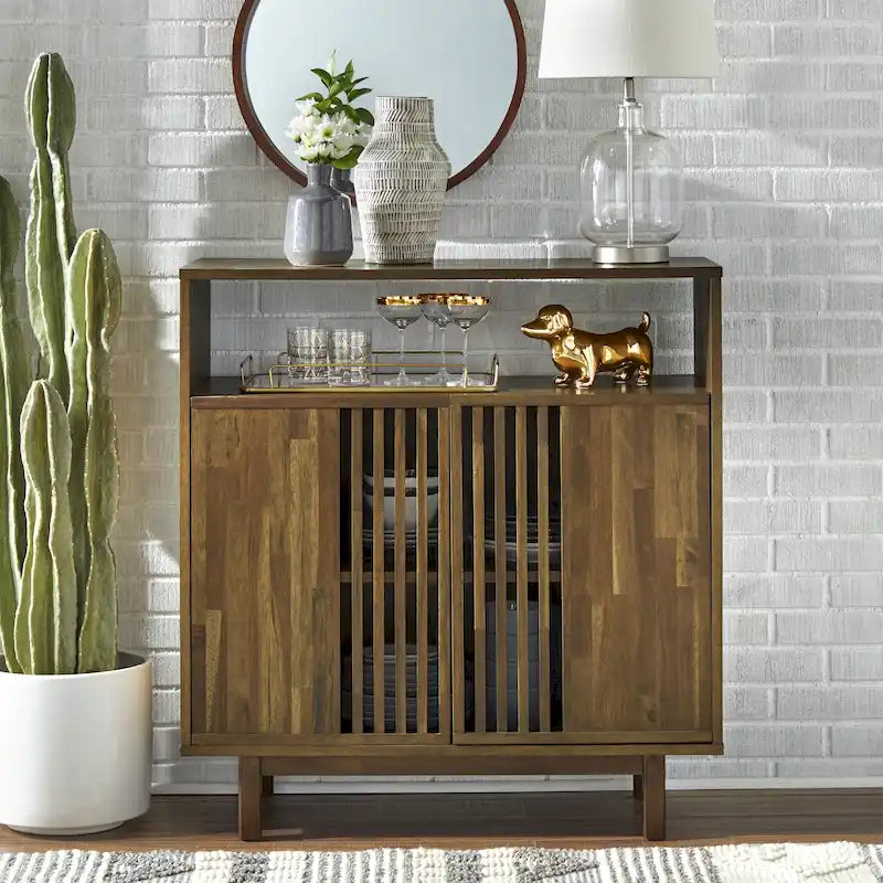 Slatted Pecan Finished Mid-century Sideboard