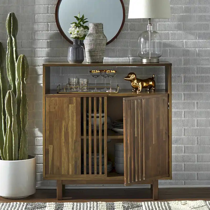 Slatted Pecan Finished Mid-century Sideboard