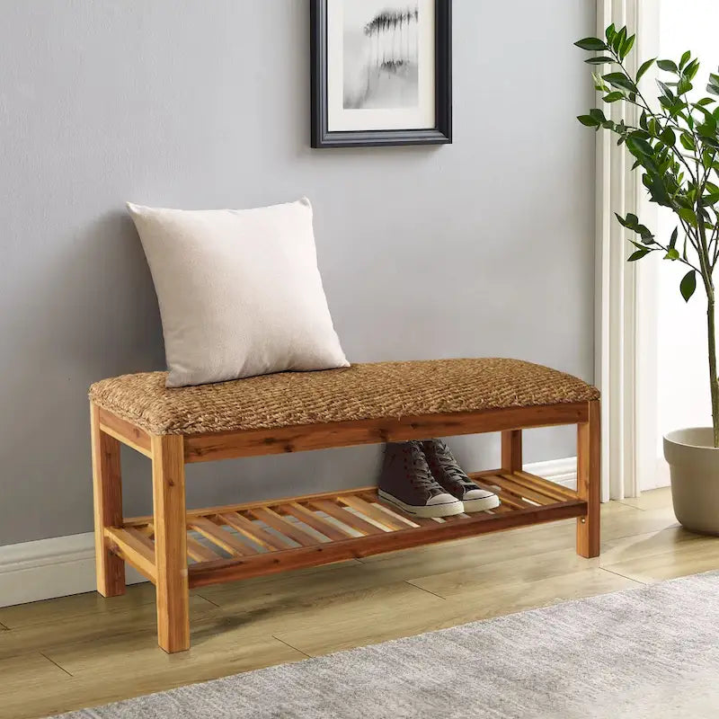 Water Hyacinth & Solid Wood Storage Shoes Bench