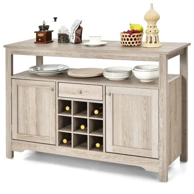 Gray Oak Buffet Server 9 Bottle Wine Cabinet Console - 45.5 inches L x 16 inches W x 31.5 inches H
