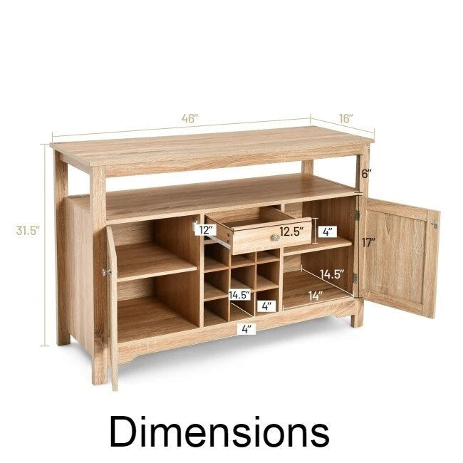 Gray Oak Buffet Server 9 Bottle Wine Cabinet Console - 45.5 inches L x 16 inches W x 31.5 inches H