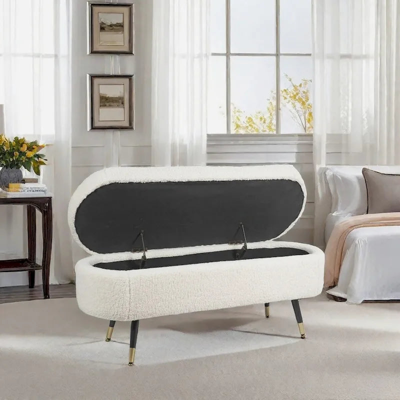 Fully Padded Boucle Storage Bench Wood Stiletto Legs