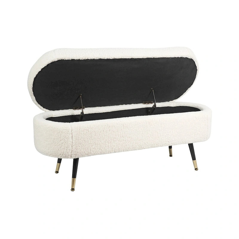 Fully Padded Boucle Storage Bench Wood Stiletto Legs