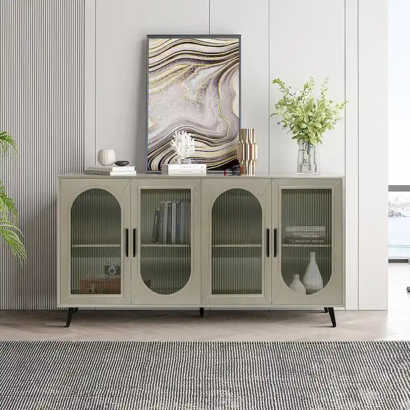 Wood TV Stand with Storage Cabinet & Adjustable Shelves