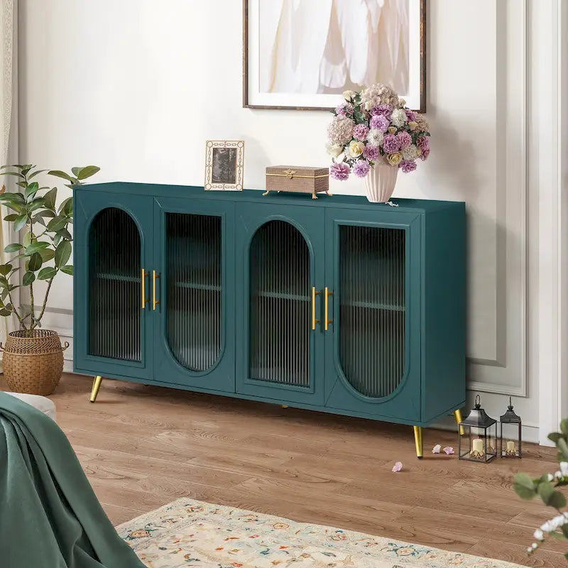 Wood TV Stand with Storage Cabinet & Adjustable Shelves