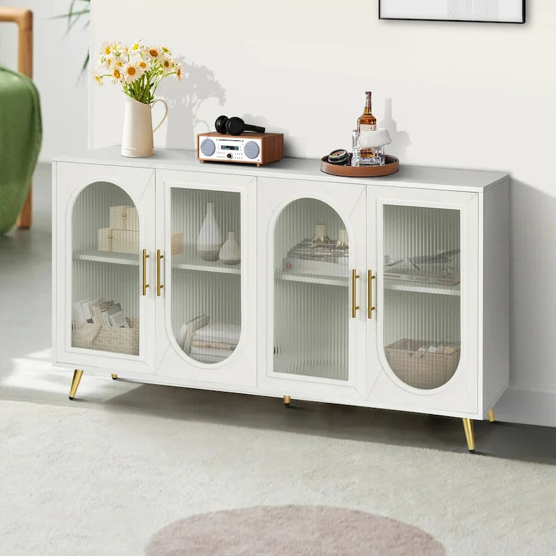 Wood TV Stand with Storage Cabinet & Adjustable Shelves