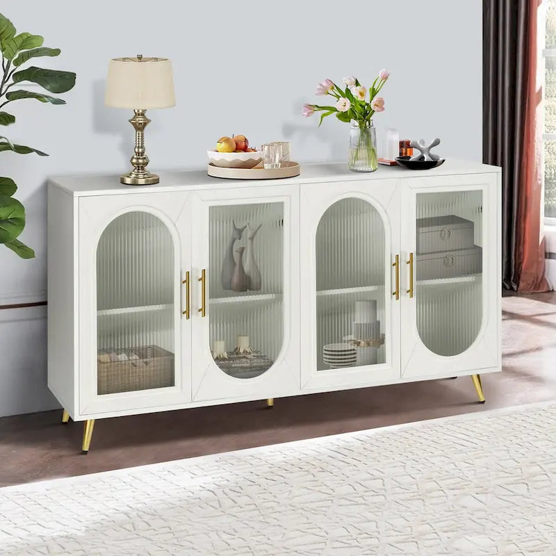 Wood TV Stand with Storage Cabinet & Adjustable Shelves