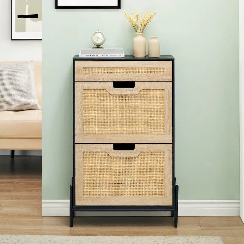 Natural Rattan 2 Flip Door with 1 Drawer Shoe Rack Storage Cabinet