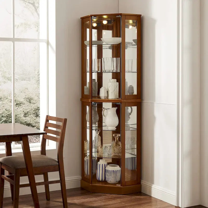6 Shelf Corner Curio Display Cabinet with Lights, Mirrors and Adjustable Shelves, Walnut