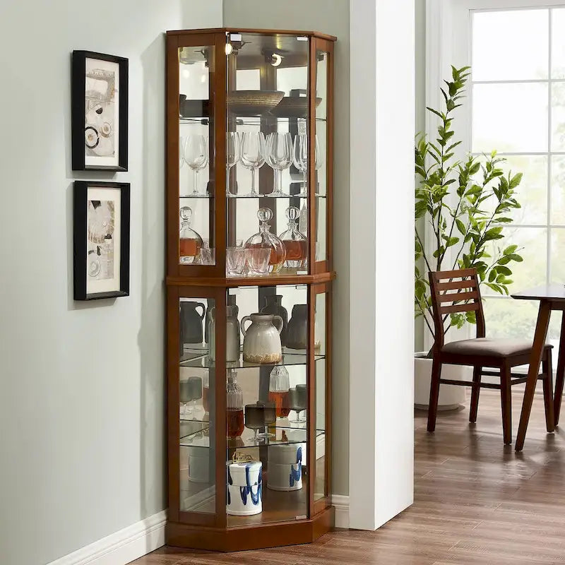 6 Shelf Corner Curio Display Cabinet with Lights, Mirrors and Adjustable Shelves, Walnut