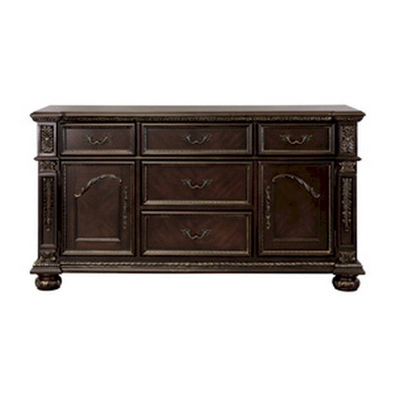Finn 66 Inch Classic Wood Sideboard Buffet, Leaf Carved Molded Trim, Brown