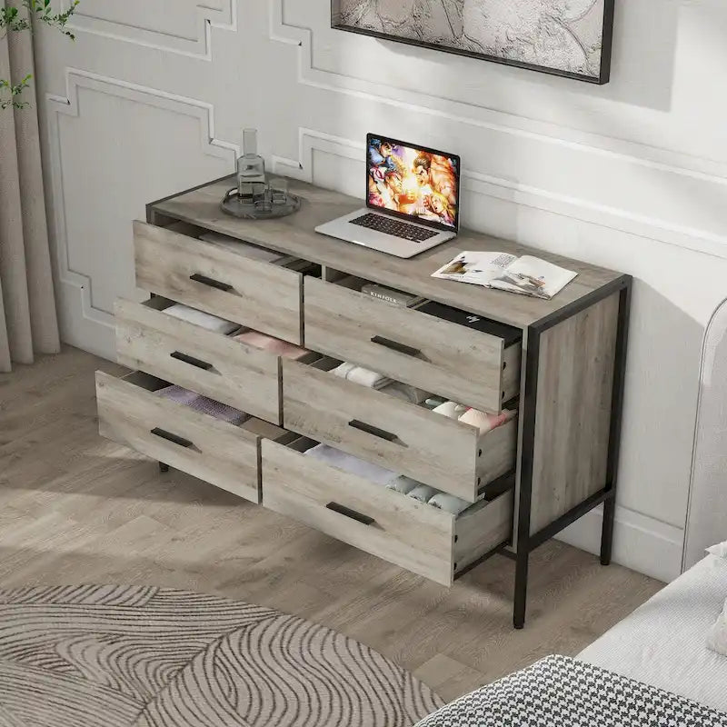 Wood Dresser with 6 Drawers, Solid Clothes Cabinet with Sturdy Steel Frame
