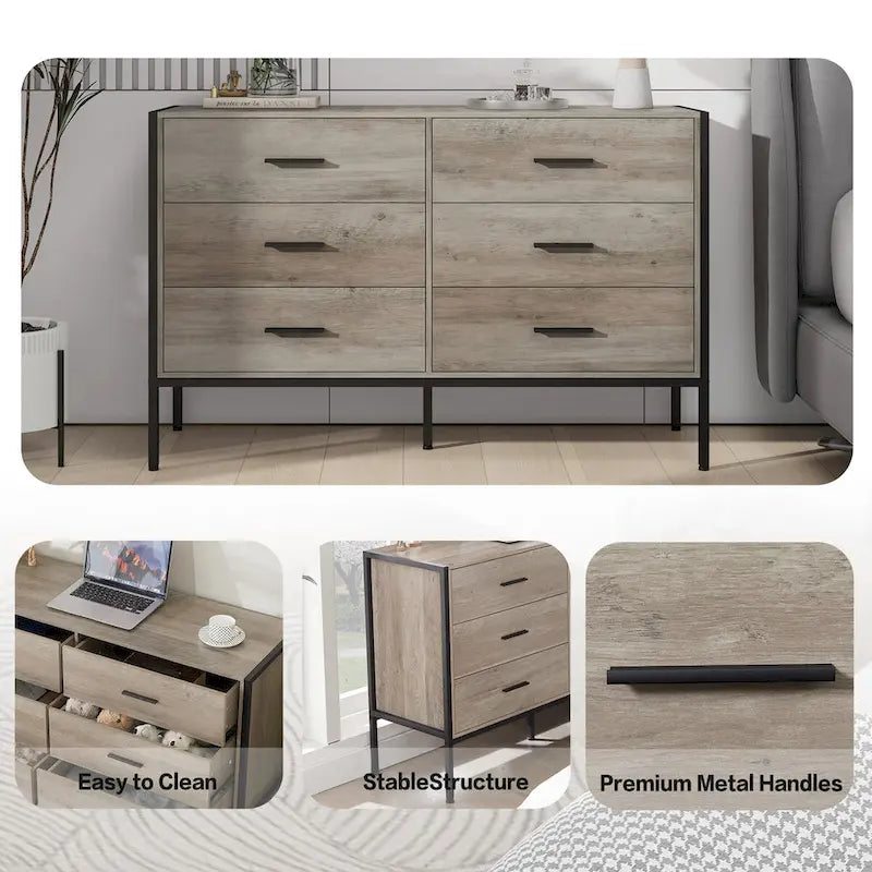Wood Dresser with 6 Drawers, Solid Clothes Cabinet with Sturdy Steel Frame