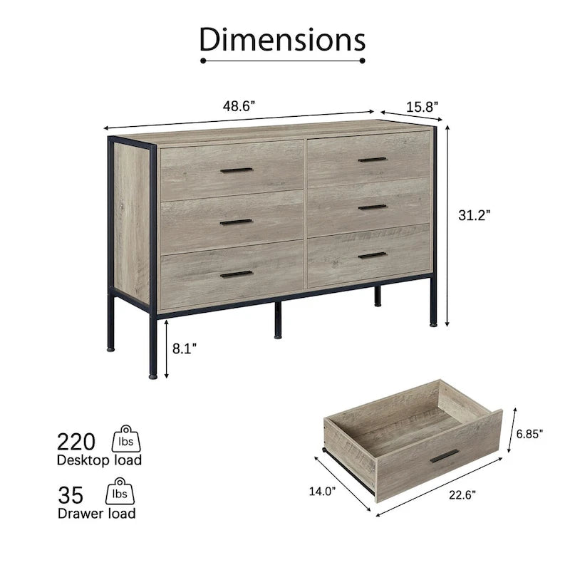 Wood Dresser with 6 Drawers, Solid Clothes Cabinet with Sturdy Steel Frame