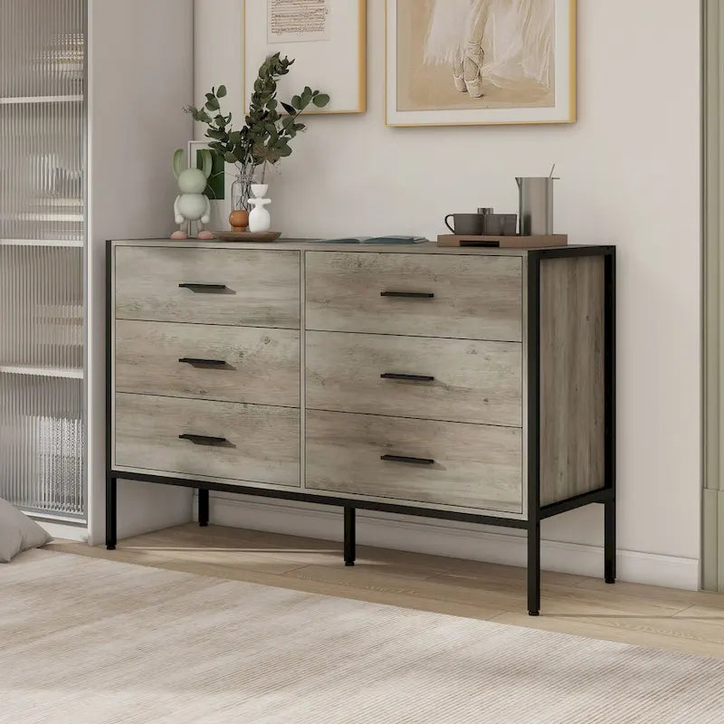 Wood Dresser with 6 Drawers, Solid Clothes Cabinet with Sturdy Steel Frame