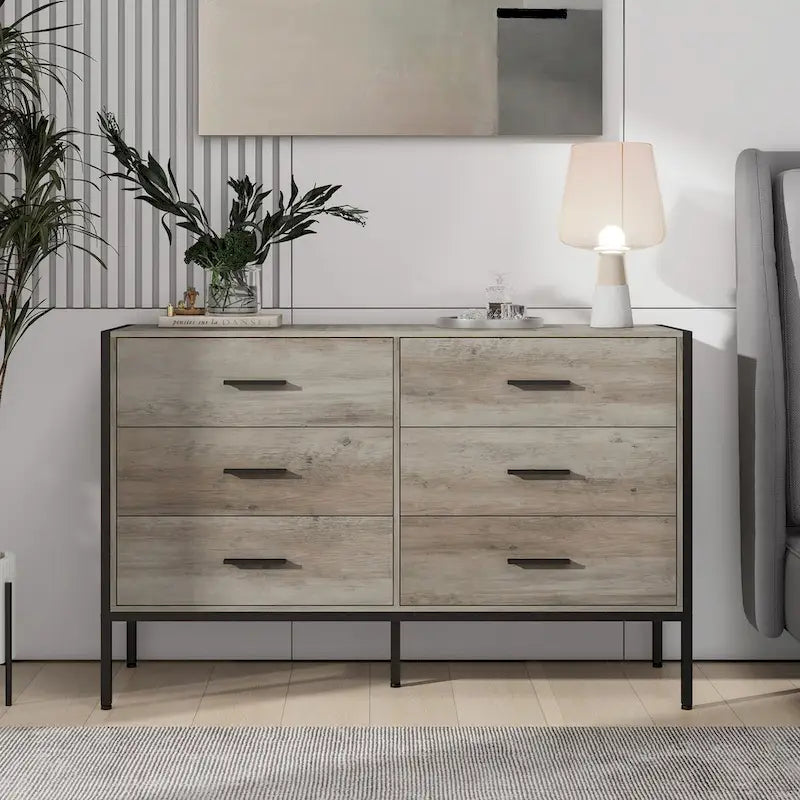 Wood Dresser with 6 Drawers, Solid Clothes Cabinet with Sturdy Steel Frame