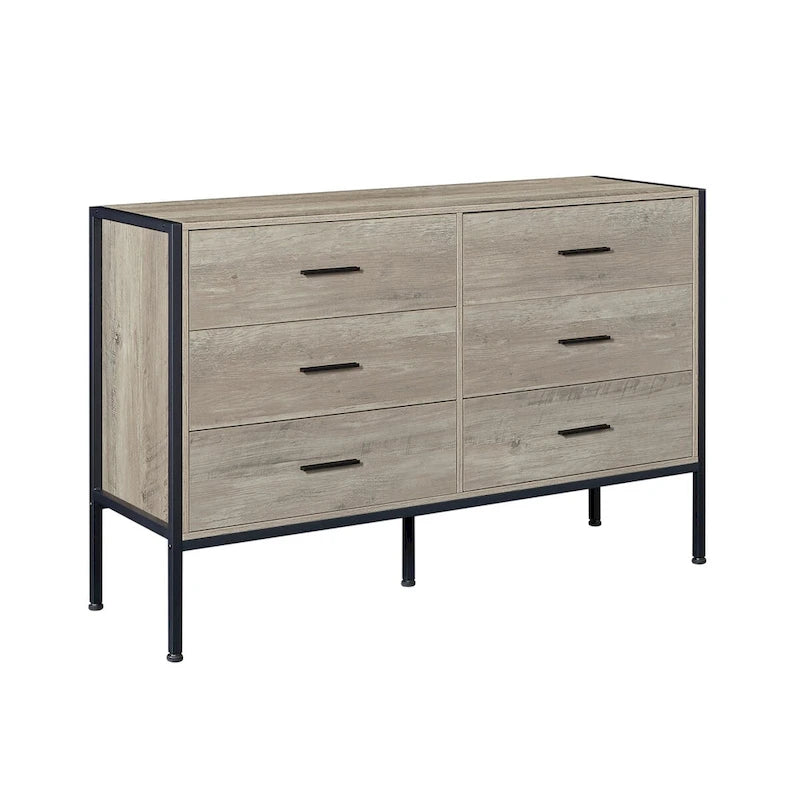 Wood Dresser with 6 Drawers, Solid Clothes Cabinet with Sturdy Steel Frame