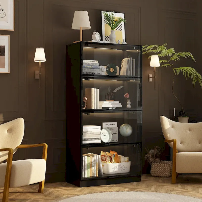 Lighted Display Storage Cabinet with Tempered Glass Doors Showcase