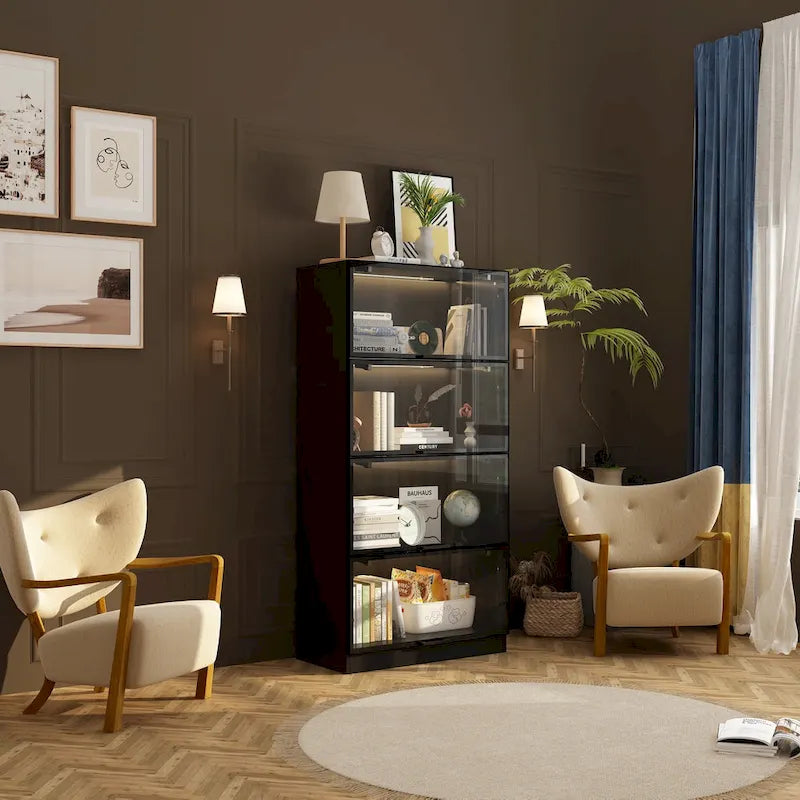 Lighted Display Storage Cabinet with Tempered Glass Doors Showcase