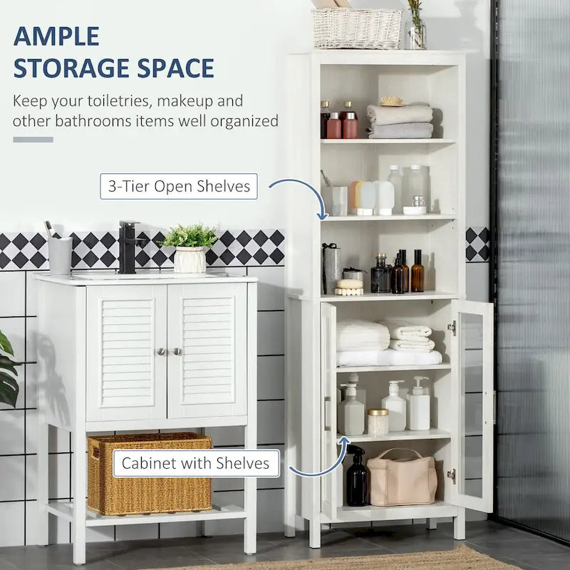 Tall Bathroom Cabinet, Linen Tower with Adjustable Shelves, 3 Tier Shelf & 2 Glass Door