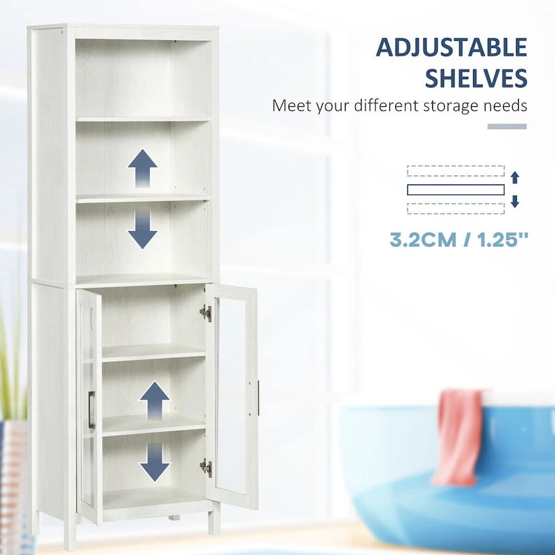 Tall Bathroom Cabinet, Linen Tower with Adjustable Shelves, 3 Tier Shelf & 2 Glass Door