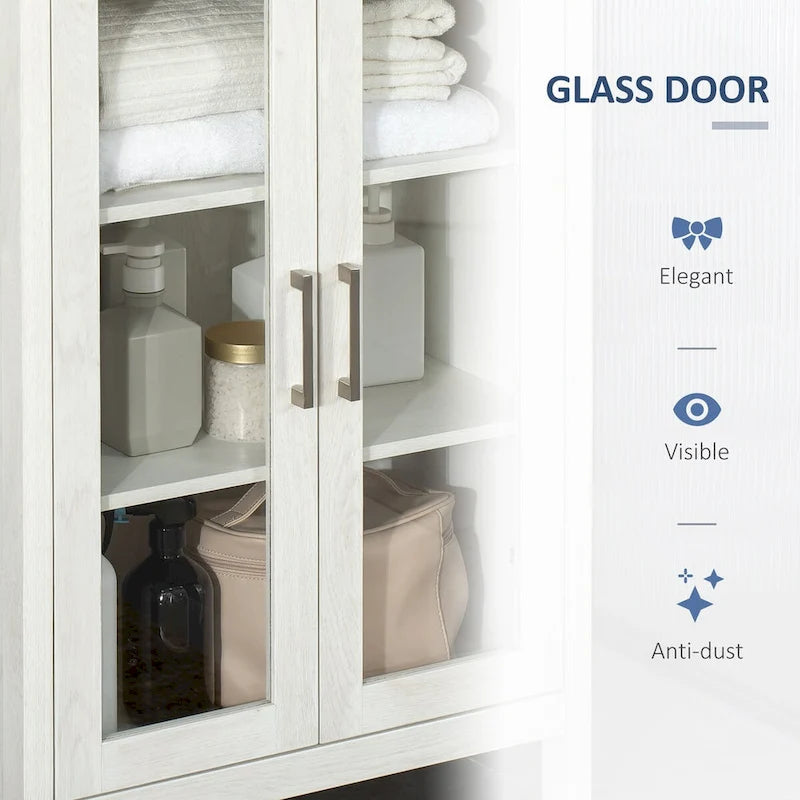 Tall Bathroom Cabinet, Linen Tower with Adjustable Shelves, 3 Tier Shelf & 2 Glass Door
