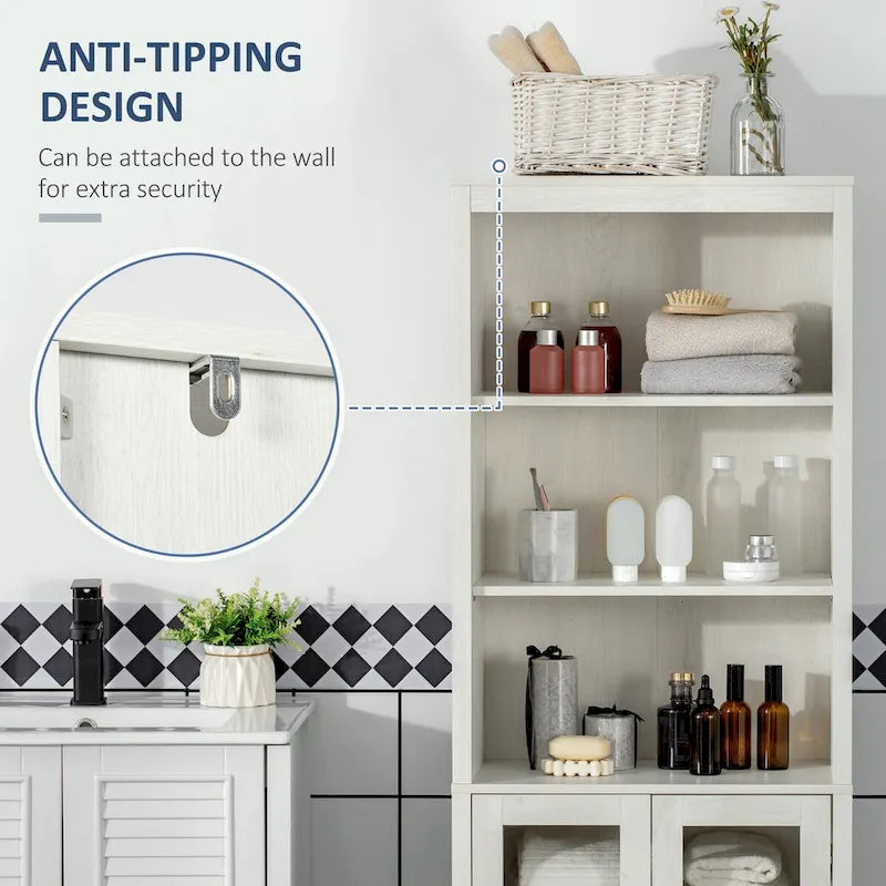 Tall Bathroom Cabinet, Linen Tower with Adjustable Shelves, 3 Tier Shelf & 2 Glass Door