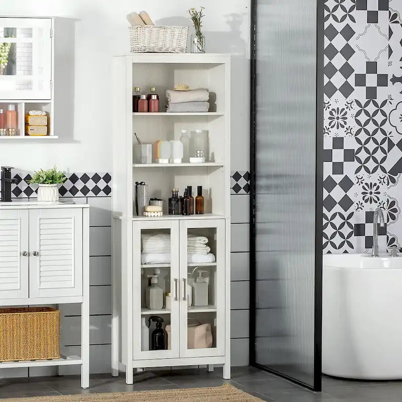 Tall Bathroom Cabinet, Linen Tower with Adjustable Shelves, 3 Tier Shelf & 2 Glass Door
